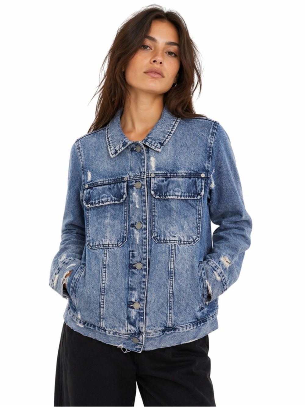 BlankNYC Denim Thrashed Distressed Cotton Jean Trucker Jacket Classic Edgy M